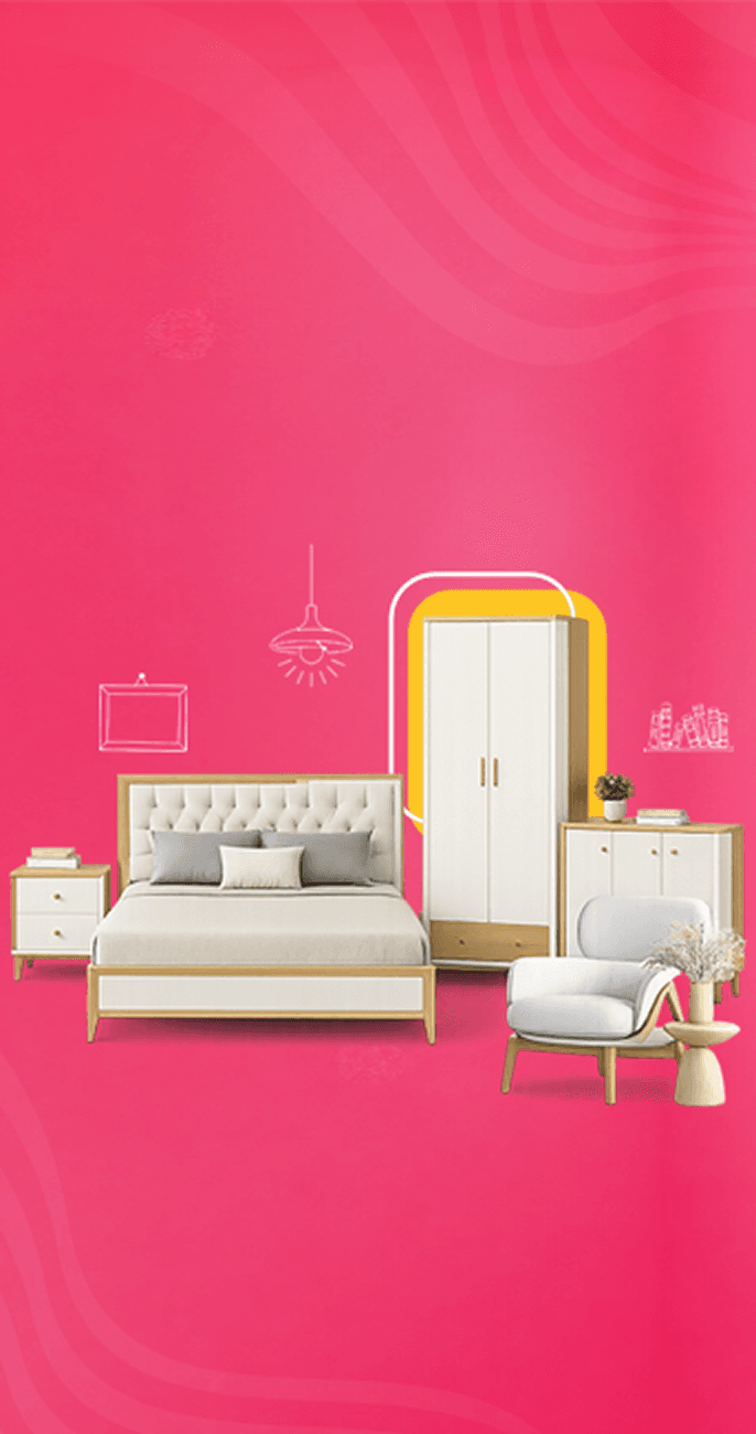 A furnished bedroom illustration with a wardrobe, bed and armchair