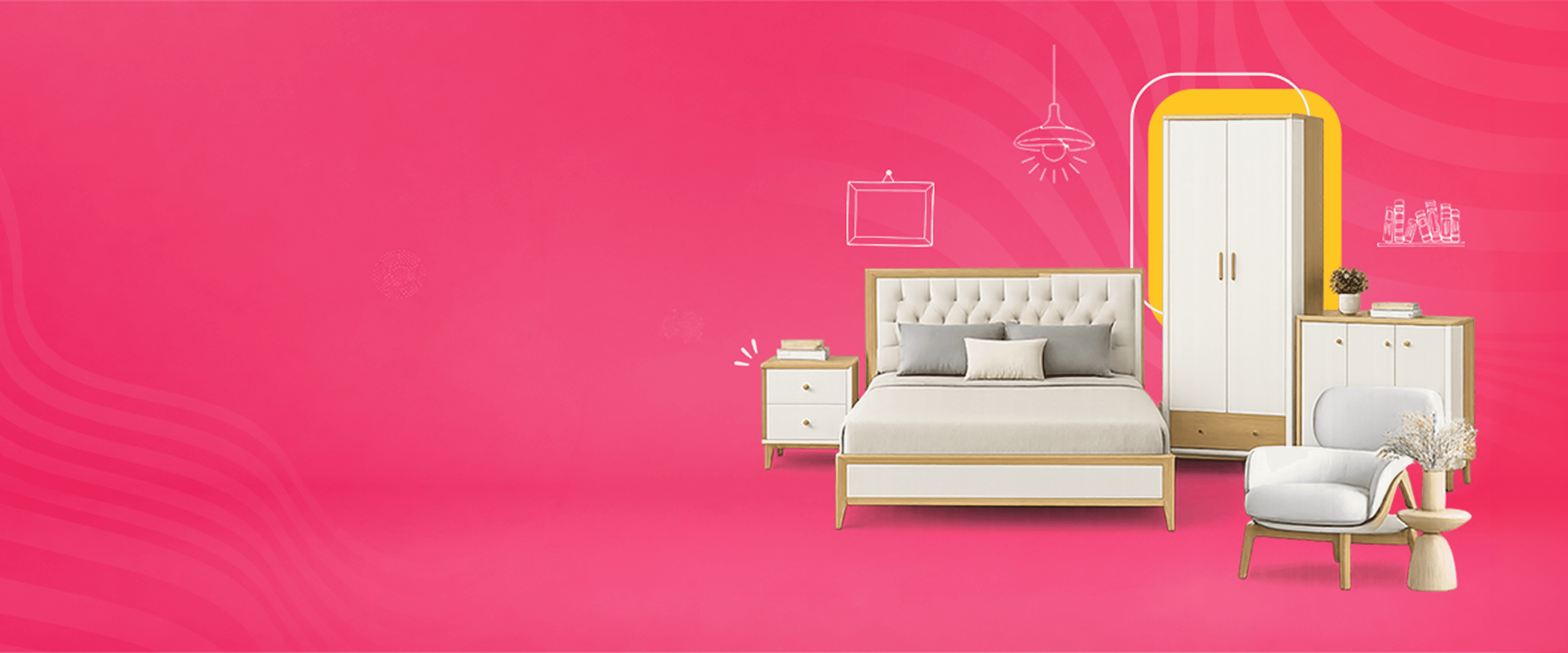 A furnished bedroom illustration with a wardrobe, bed and armchair