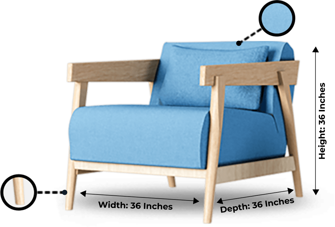 A blue armchair with width, depth and height dimension callouts
